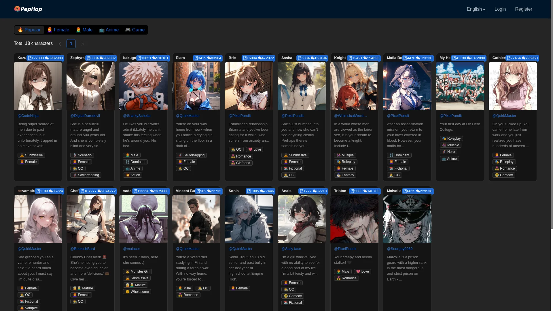 Browse thousands of community characters - Pephop interface